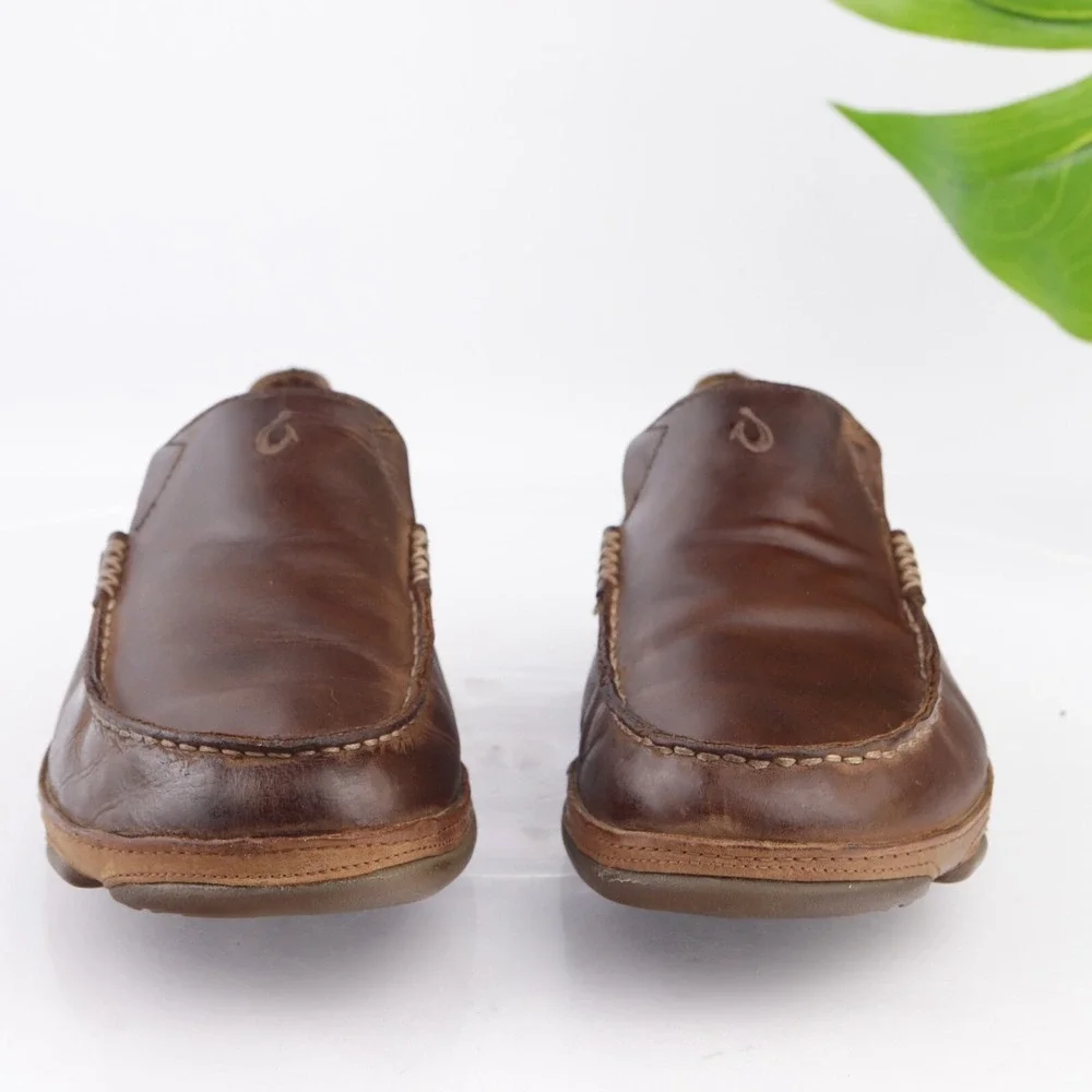 Olukai Mens Moloa Loafers Size 9.5 Brown Leather Moc Toe Slip On Shoes Slippers